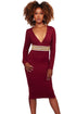 Sexy Burgundy Rhinestone Embellishment Bodycon Midi Dress